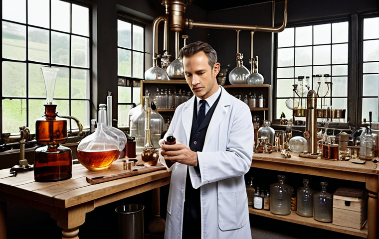 **
> A perfumer in a modern lab, surrounded by antique distillation equipment and organic ingredients. The scene conveys a blend of tradition and technology in fragrance creation, emphasizing sustainable and ethical sourcing.
**