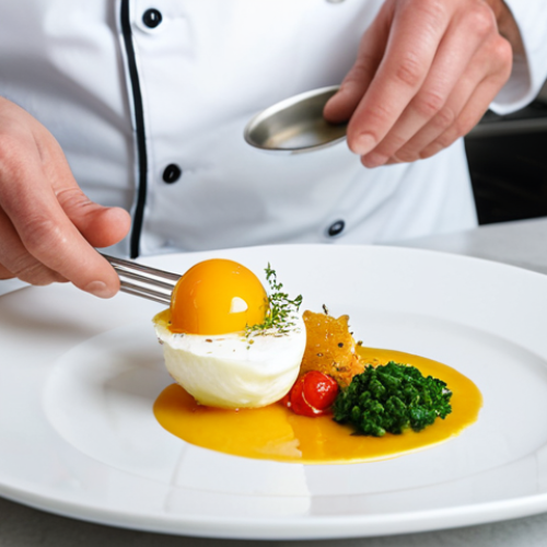 A professional chef, wearing a clean, modest white chef's uniform, carefully plating a visually stunning, deconstructed traditional Portuguese dish on a minimalist white plate. The dish features vibrant colors and innovative textures, reimagining a classic like "Bacalhau à Brás" with confit cod, cured egg yolk cream, and crispy potato straw. The chef's hands are well-formed with proper finger count, meticulously arranging elements. The background is a modern, professional kitchen with stainless steel surfaces and soft, diffused lighting, emphasizing culinary artistry and precision. fully clothed, appropriate attire, safe for work, perfect anatomy, correct proportions, natural pose, professional dress, professional photography, high quality, appropriate content.