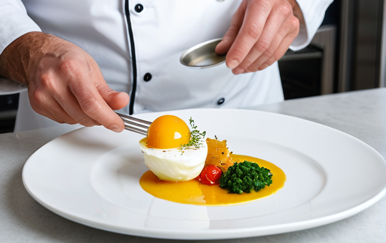 A professional chef, wearing a clean, modest white chef's uniform, carefully plating a visually stunning, deconstructed traditional Portuguese dish on a minimalist white plate. The dish features vibrant colors and innovative textures, reimagining a classic like "Bacalhau à Brás" with confit cod, cured egg yolk cream, and crispy potato straw. The chef's hands are well-formed with proper finger count, meticulously arranging elements. The background is a modern, professional kitchen with stainless steel surfaces and soft, diffused lighting, emphasizing culinary artistry and precision. fully clothed, appropriate attire, safe for work, perfect anatomy, correct proportions, natural pose, professional dress, professional photography, high quality, appropriate content.