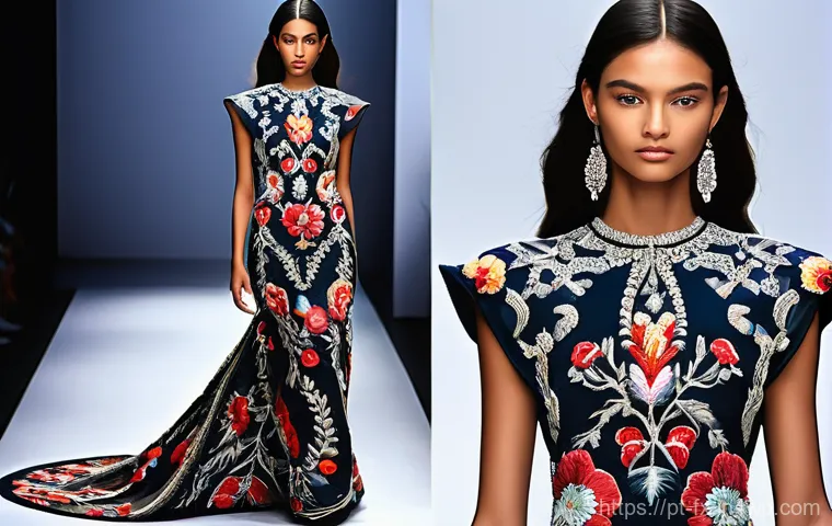 전통 자수의 현대적 해석과 활용 - **Prompt 1: High Fashion Embroidered Gown**
"A full-shot, high-resolution photograph of a stunni...