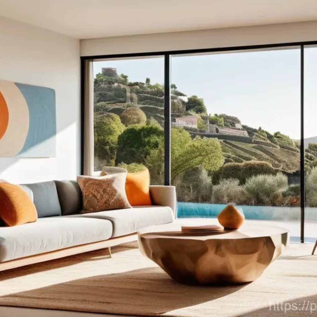 전통 공예품을 활용한 인테리어 디자인 - **A Harmonious Fusion of Portuguese Craftsmanship in a Modern Living Room:**
A vibrant, sun-dren...
