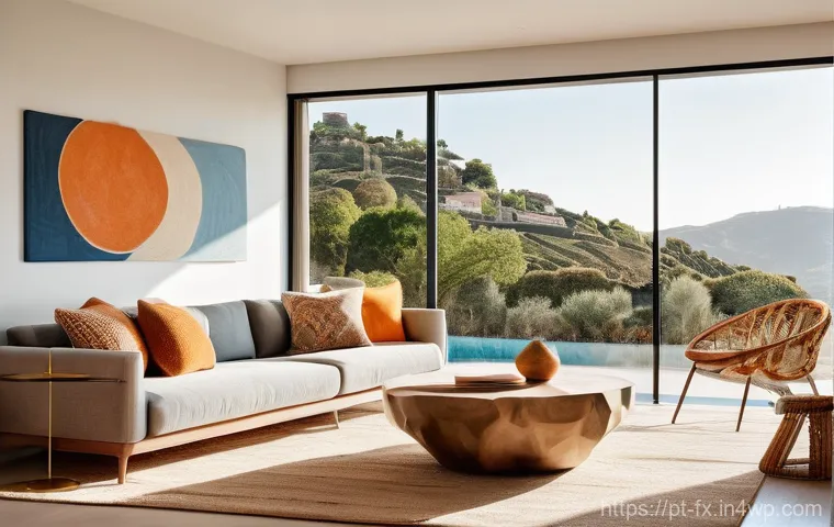 전통 공예품을 활용한 인테리어 디자인 - **A Harmonious Fusion of Portuguese Craftsmanship in a Modern Living Room:**
A vibrant, sun-dren...