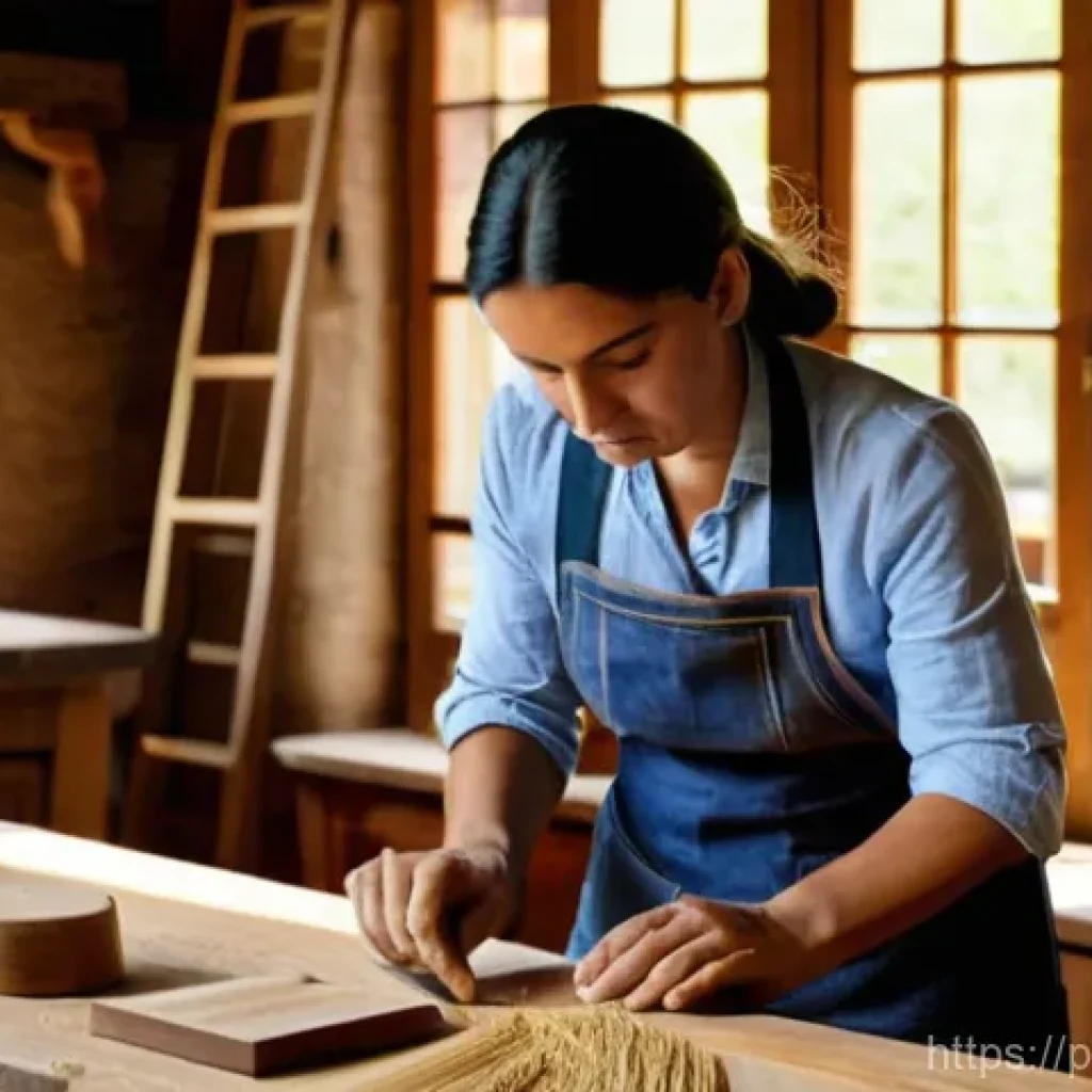 전통 목공예의 응용 사례 - **A Portuguese Artisan's Workshop, Bathed in Sunlight:** A skilled Portuguese woodworker, a woman in...