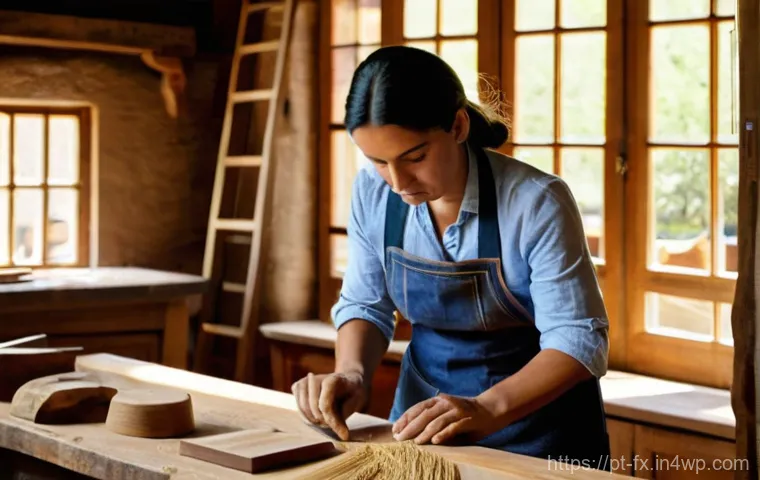 전통 목공예의 응용 사례 - **A Portuguese Artisan's Workshop, Bathed in Sunlight:** A skilled Portuguese woodworker, a woman in...