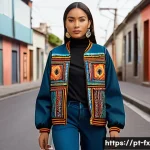 Home 20 전통 패턴의 현대적 패션 활용 - A young adult woman walking through a vibrant urban street, wearing a modern streetwear jacket adorn...