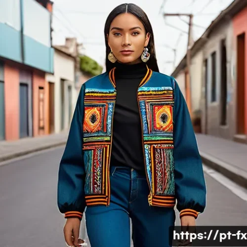 Home 32 전통 패턴의 현대적 패션 활용 - A young adult woman walking through a vibrant urban street, wearing a modern streetwear jacket adorn...