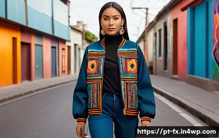 전통 패턴의 현대적 패션 활용 - A young adult woman walking through a vibrant urban street, wearing a modern streetwear jacket adorn...