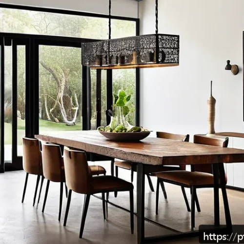 Home 31 전통 대장장이 기술의 현대적 활용 - A handcrafted wrought iron dining table set in a modern Brazilian home interior, featuring a rustic ...
