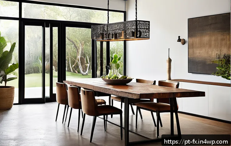 전통 대장장이 기술의 현대적 활용 - A handcrafted wrought iron dining table set in a modern Brazilian home interior, featuring a rustic ...