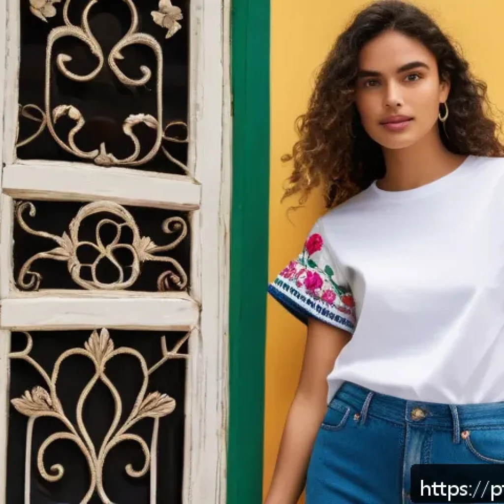 전통 바느질 기법의 현대적 패션 적용 - A vibrant contemporary fashion photoshoot featuring a young Brazilian woman wearing a casual white t...