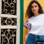 Home 23 전통 바느질 기법의 현대적 패션 적용 - A vibrant contemporary fashion photoshoot featuring a young Brazilian woman wearing a casual white t...