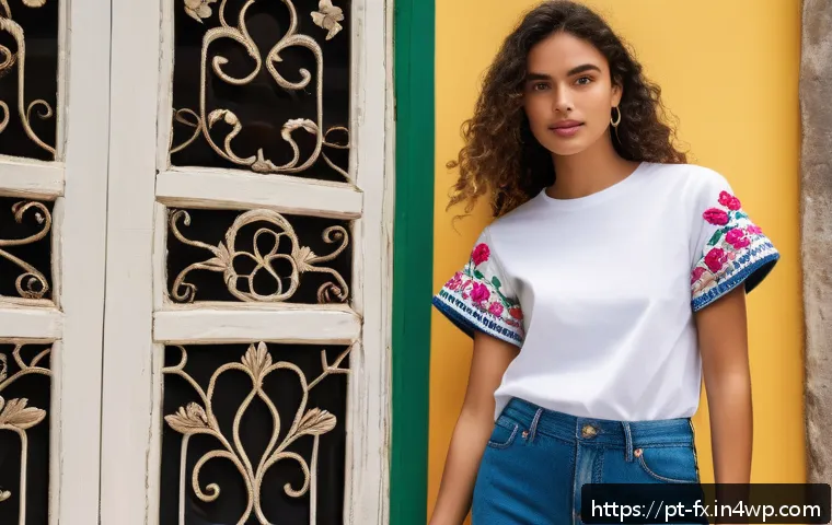 전통 바느질 기법의 현대적 패션 적용 - A vibrant contemporary fashion photoshoot featuring a young Brazilian woman wearing a casual white t...